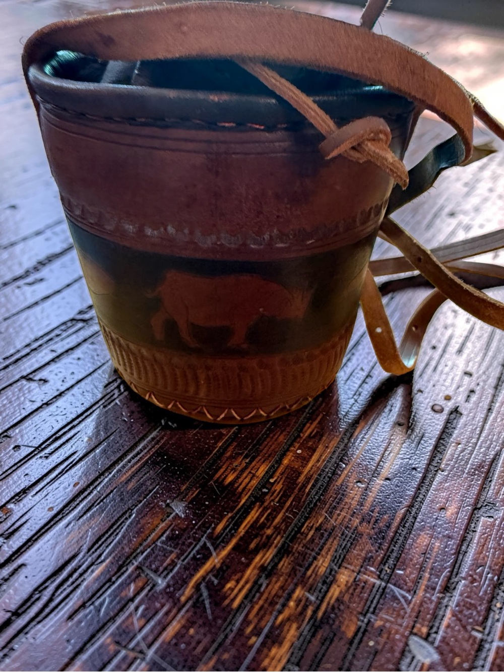 Brown Leather Wrapped Cross Bidy Decorative with Strap - Brown